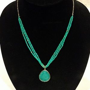 Loft Green Stone Pendant Necklace Long Gold Tone